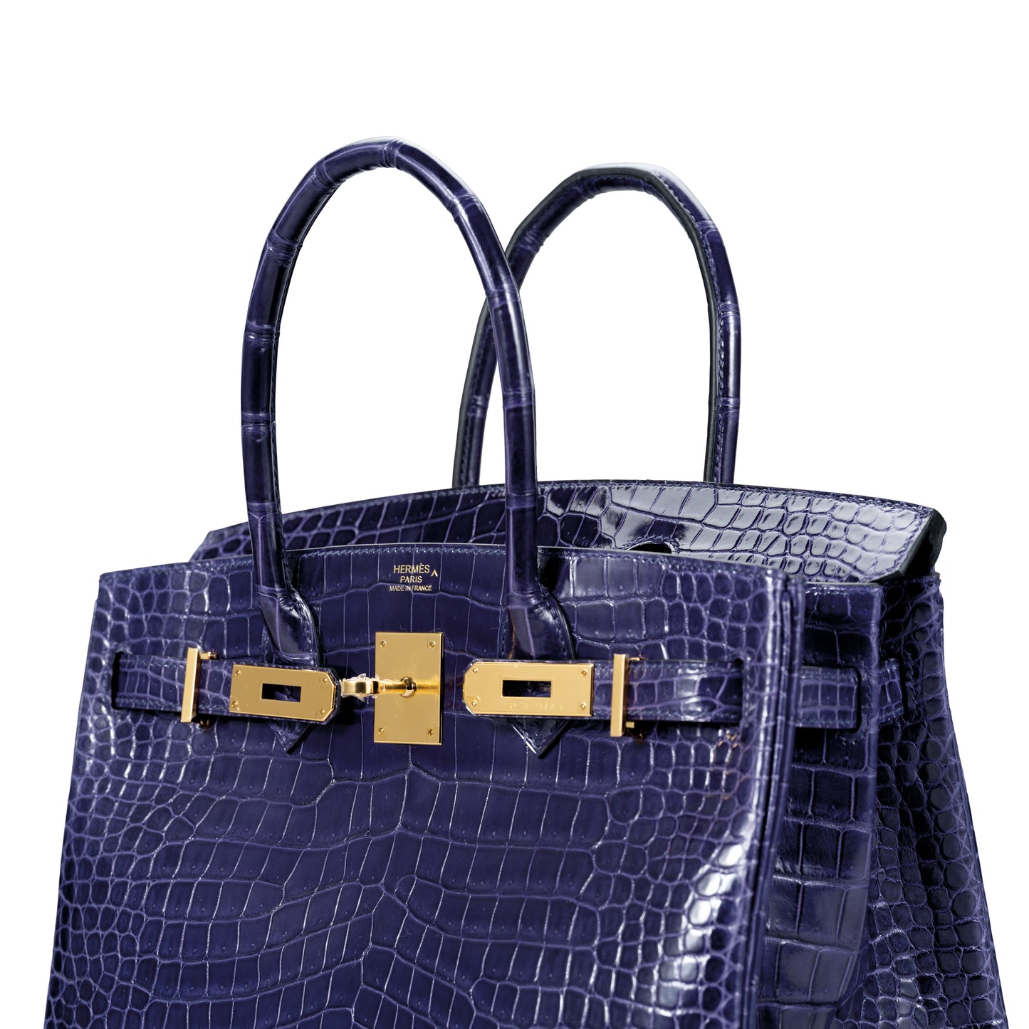 A SHINY BLEU ENCRE POROSUS CROCODILE BIRKIN 30 WITH GOLD HARDWARE