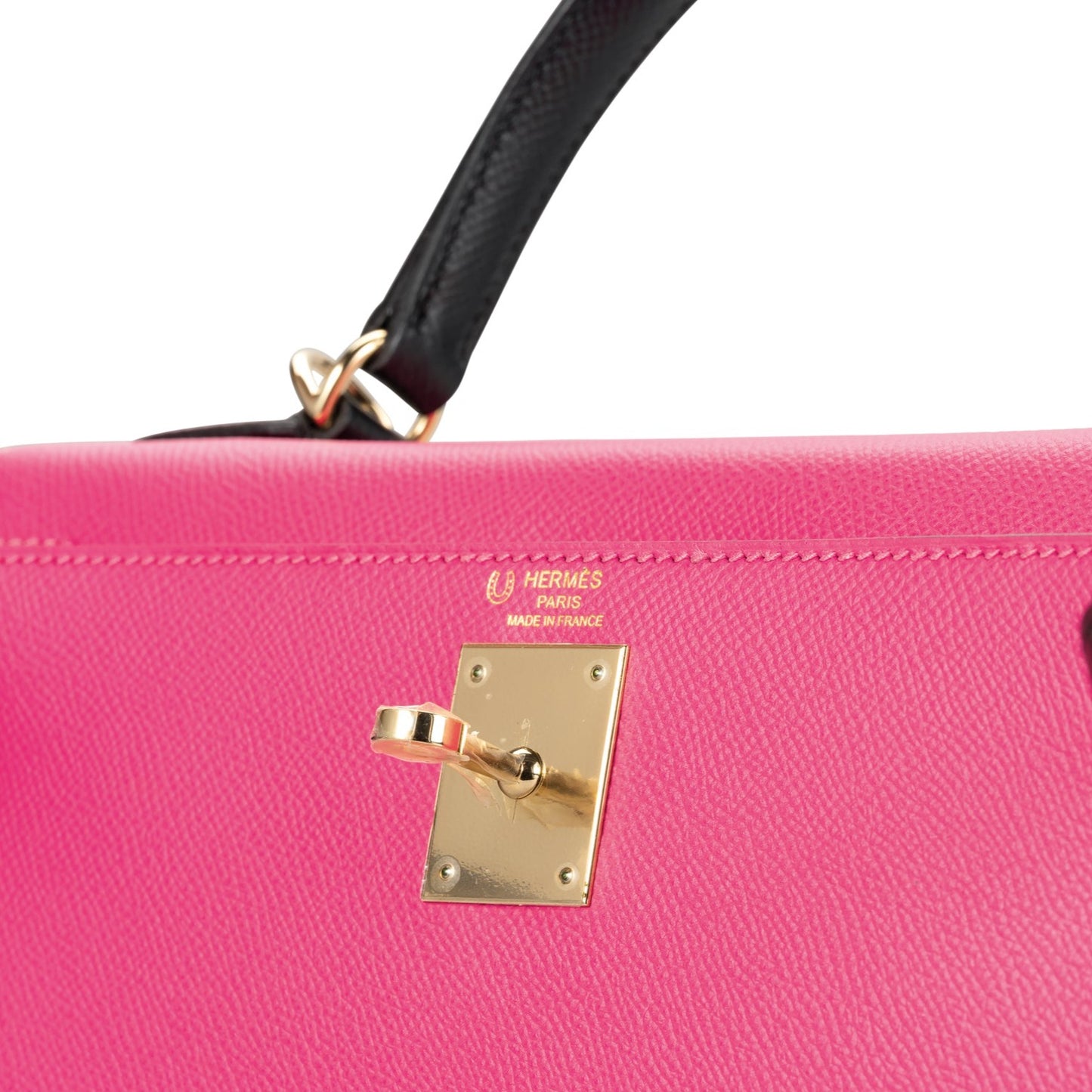 A CUSTOM ROSE AZALEE AND NOIR EPSOM LEATHER SELLIER KELLY 28 WITH PERMABRASS HARDWARE