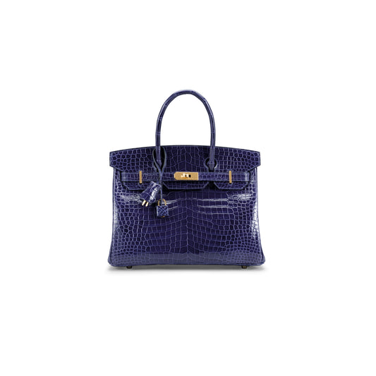 A SHINY BLEU ENCRE POROSUS CROCODILE BIRKIN 30 WITH GOLD HARDWARE