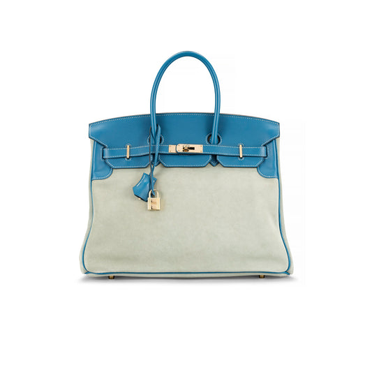 A BLEU DE GALICE & CIEL SWIFT LEATHER AND VEAU DOBLIS GRIZZLY BIRKIN 35 WITH PERMABRASS HARDWARE