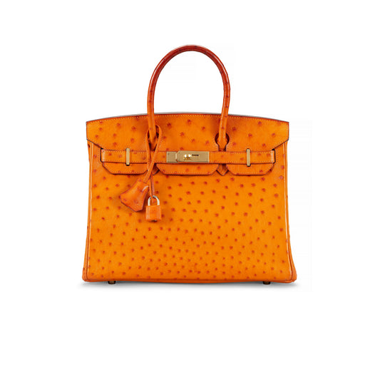 A TANGERINE OSTRICH BIRKIN 30 WITH GOLD HARDWARE