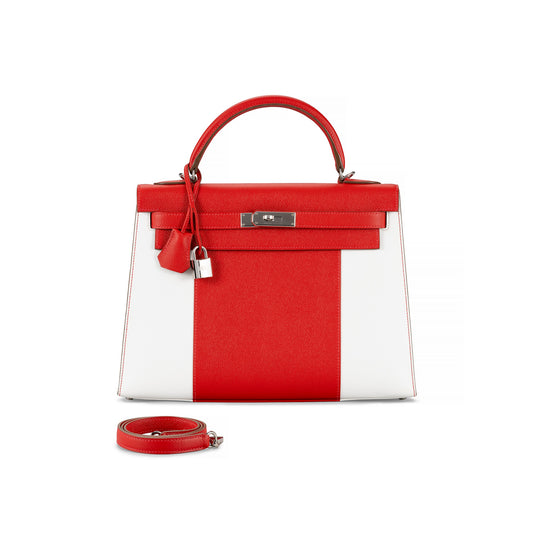 A LIMITED EDITION ROUGE CASAQUE AND WHITE H EPSOM LEATHER FLAG SELLIER KELLY 32 WITH PALLADIUM HARDWARE