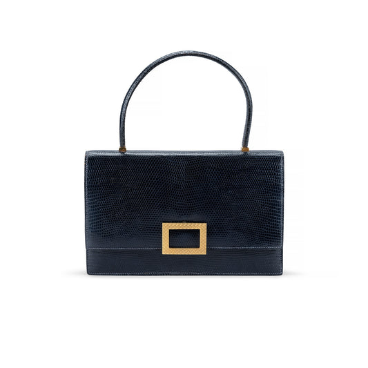 A DEEP BLUE LIZARD HANDBAG WITH GOLD HARDWARE