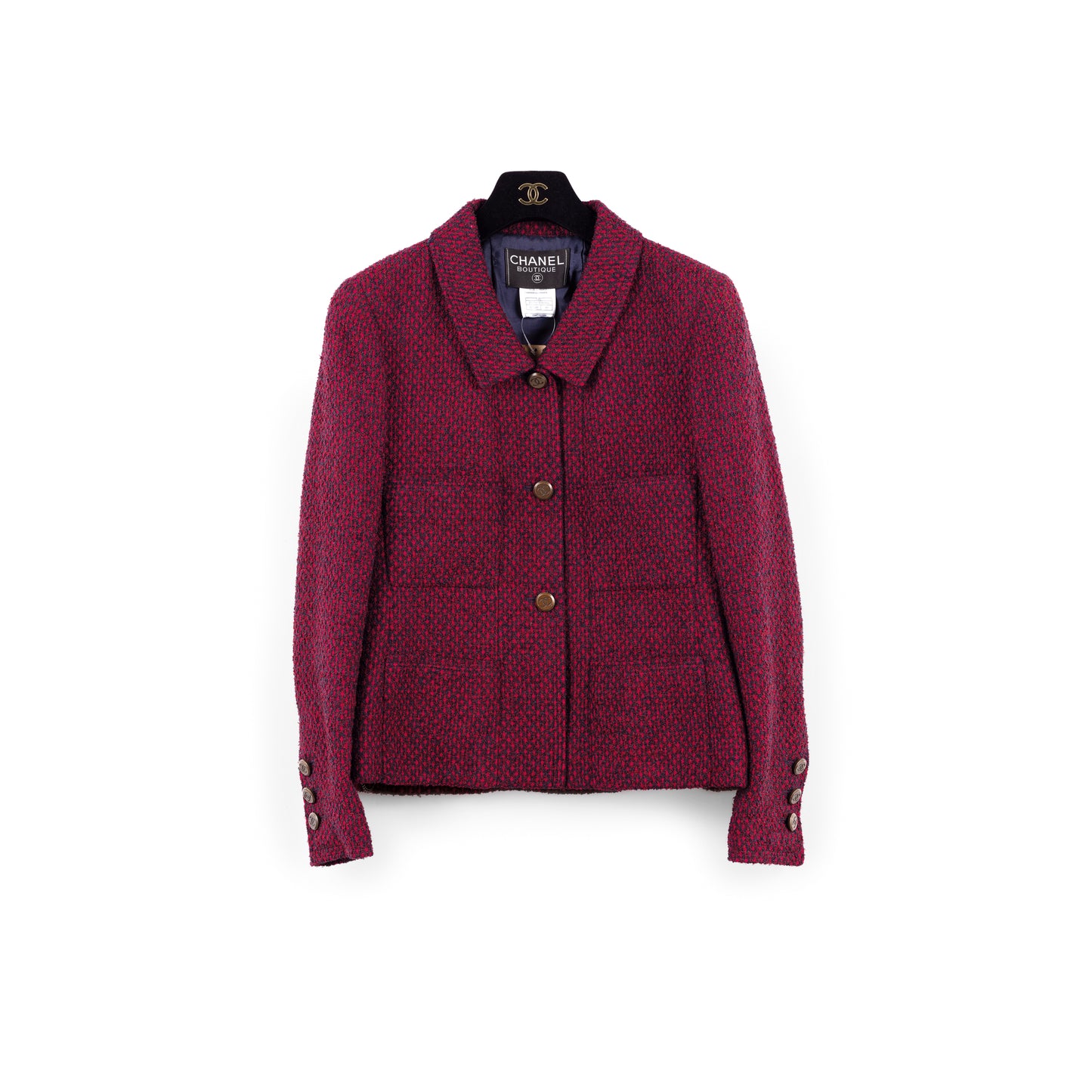 CHANEL VINTAGE 1980S TWEED SUIT PLUM BLUE WOOL BOUCLE JACKET