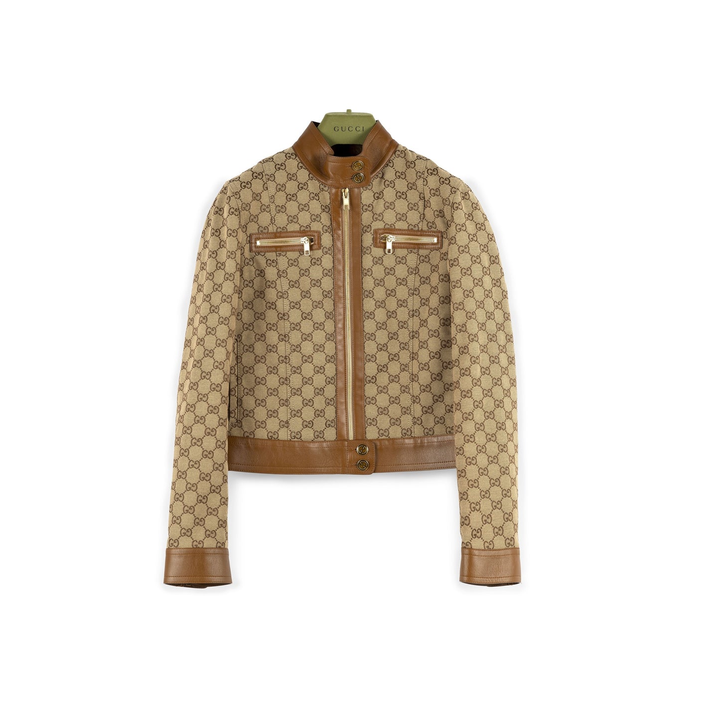 GUCCI ARIA LEATHER-TRIMMED LOGO-JACQUARD COTTON-BLEND CANVAS JACKET