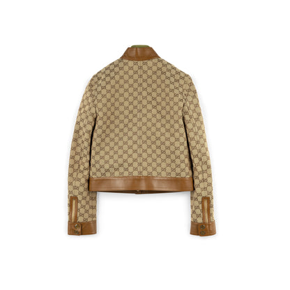 GUCCI ARIA LEATHER-TRIMMED LOGO-JACQUARD COTTON-BLEND CANVAS JACKET