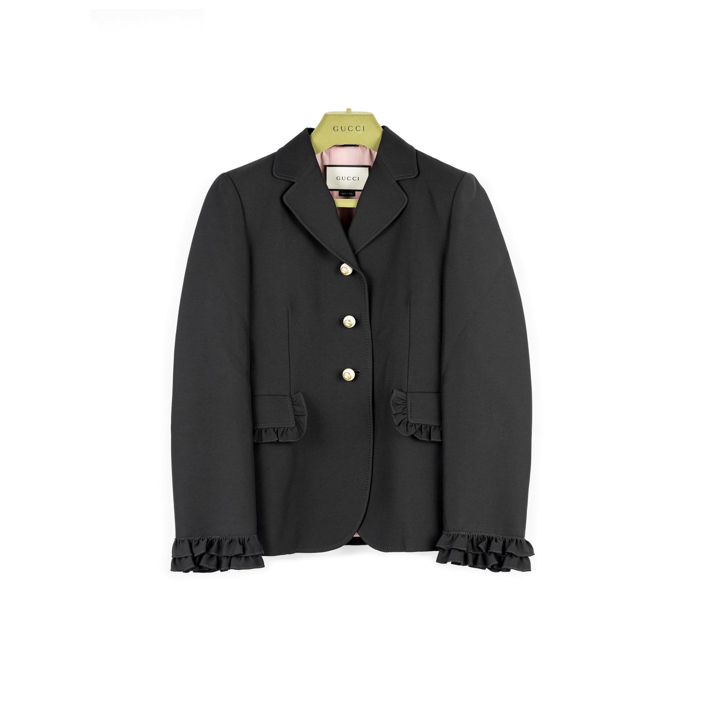 GUCCI BLACK SILK WOOL RUFFLED CUFF DETAIL BLAZER