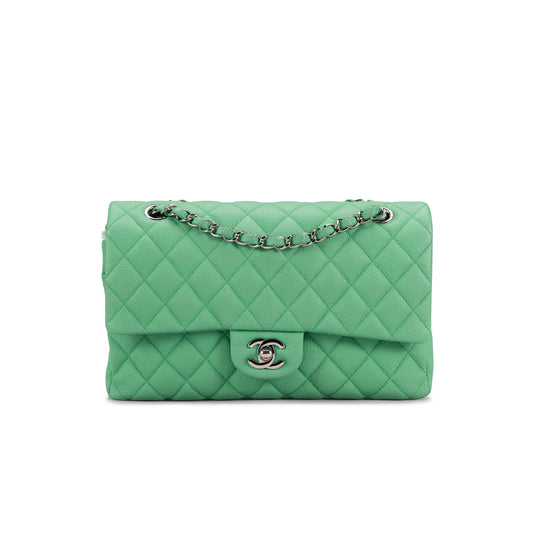 CHANEL IRIDESCENT GREEN QUILTED CAVIAR LEATHER MEDIUM CLASSIC DOUBLE FLAP BAG WITH SILVER HARDWARE