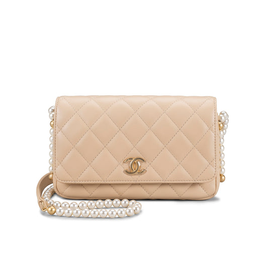 CHANEL WALLET ON CHAIN WOC PEARL CHAIN LAMBSKIN WITH GOLD HARDWARE