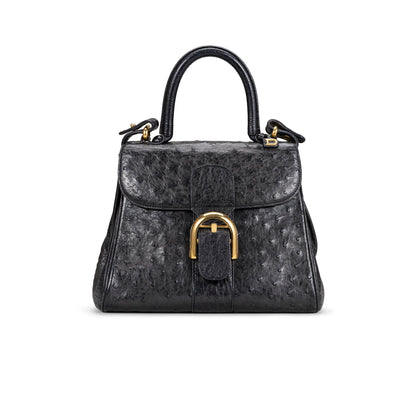 DELVAUX BRILLANT PM BLACK OSTRICH LEATHER BAG WITH GOLD HARDWARE
